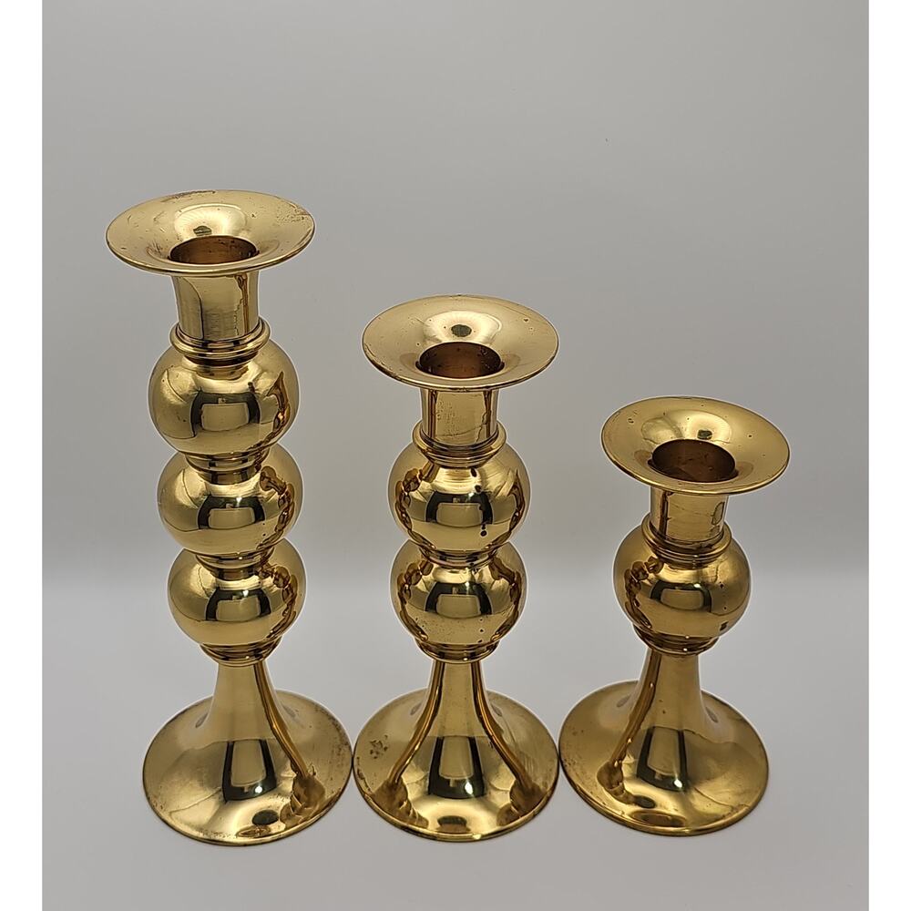 Set of Three Vintage Gold Candlestick Holders Bubble Bulbous Teleflora